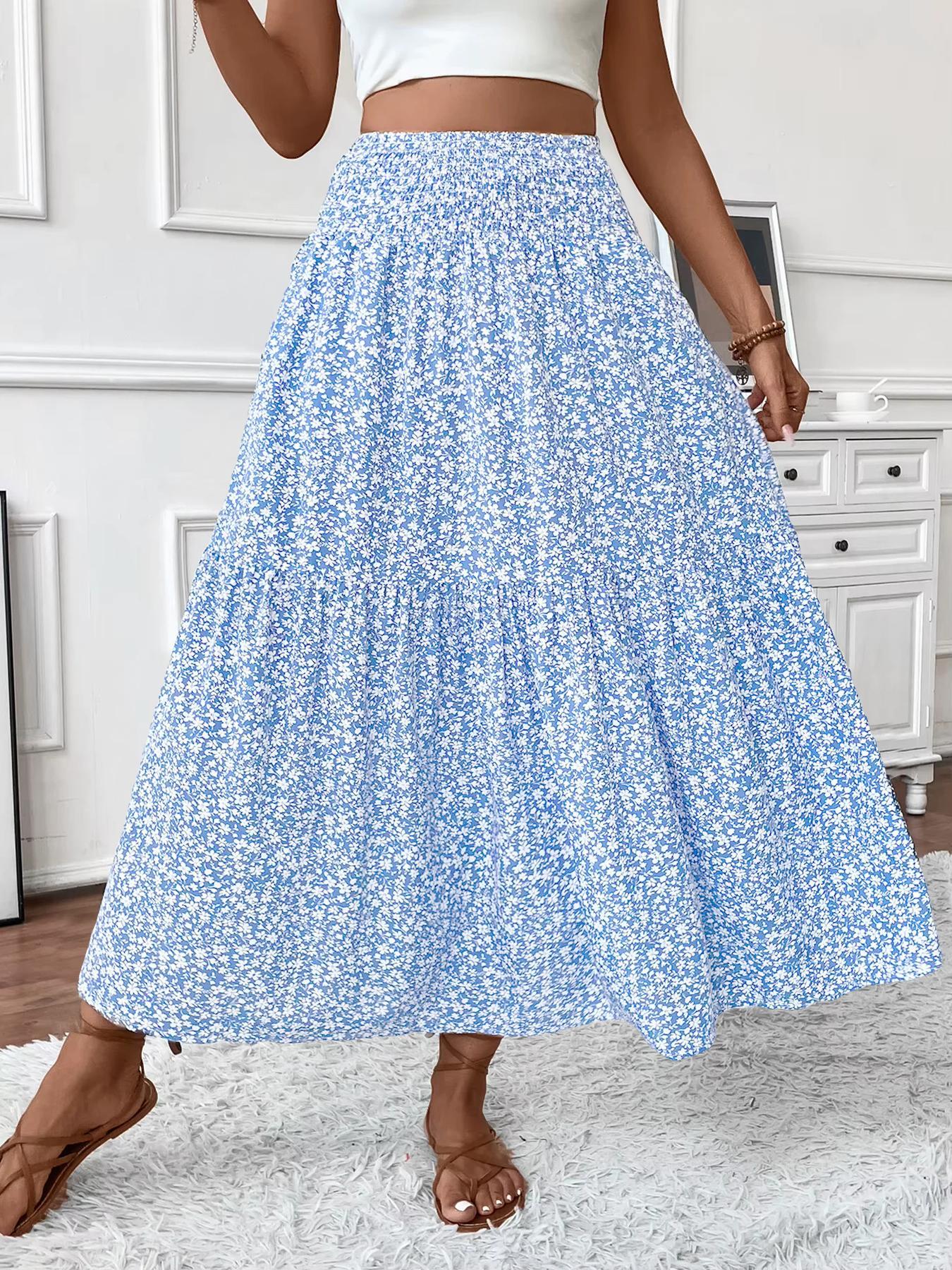 Women's Ditsy Floral Print A Line Ruffle Hem Skirt, Boho Fashion Casual Skirt for Daily Holiday Vacation Wear, Ladies Bottoms for Summer