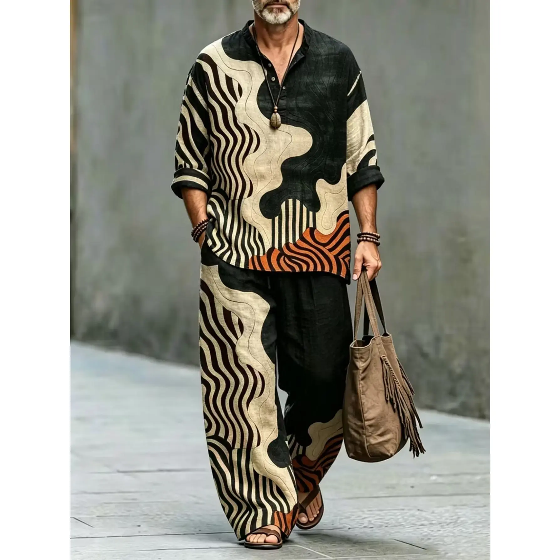Men's 2-Piece Boho Vacation Clothing Set - Stand Collar Half-Button Shirt, Drawstring Wide Leg Pants, Loose Linen-Like Fabric, Art Wavy Abstract Print