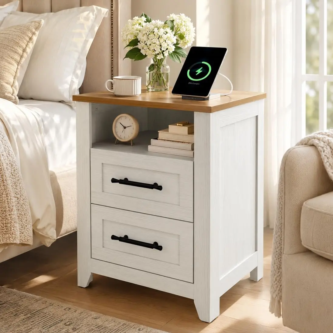 GAOMON Rustic Farmhouse Nightstand with Farmhouse Look, Wooden Top, 2 Spacious Drawers, Built-In Charging Station & Charging Port for Storage & Device Powering