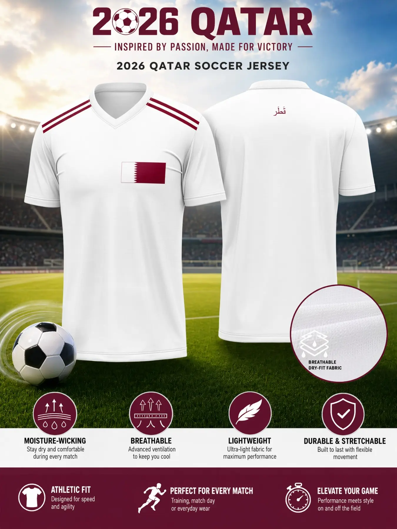 2026 Qatar V-Neck Short Sleeve Sports T-Shirt, Moisture-Wicking, Quick-Dry, Breathable, Lightweight, Durable, Unique Sporty Look