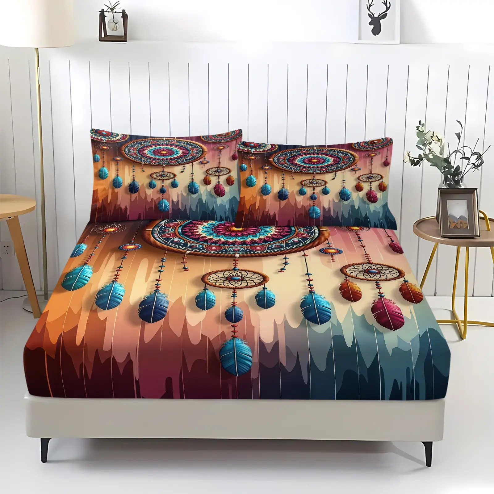 Dream catcher irregular pattern bed sheet, including 1 bed sheet and 2 pillowcases, anti slip dust cover suitable for bedrooms and guest rooms, suitable for personal use or gift giving