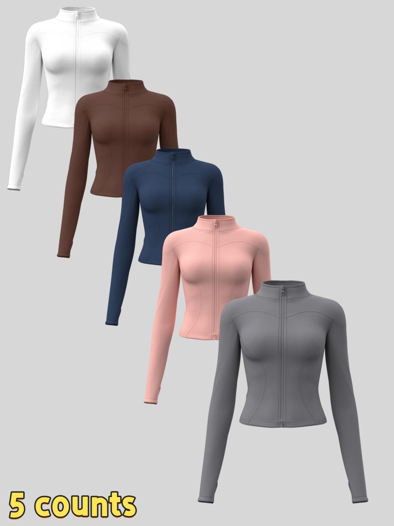 Women's Solid Zip Up Thumb Hole Sports Jackets, Casual Fashionable Jacket, Sporty Breathable Long Sleeve Stand Collar Outerwear for Gym Workout Running, Ladies Sportswear for All Seasons