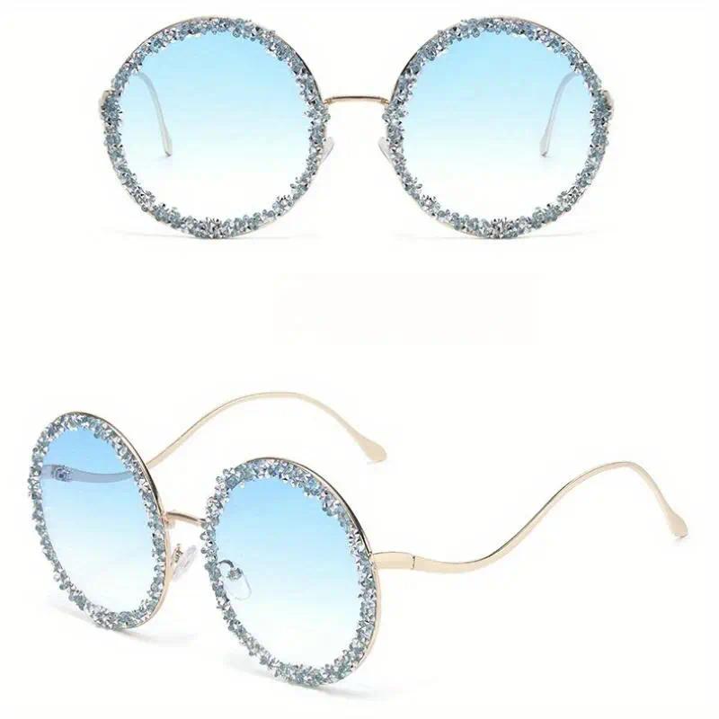 2-Pack Unisex Oversized Round Glasses with Vibrant Crystal Embellishments, Lightweight Metal Frames, Trendy Street Style Eyewear Ideal for Parties, Beach Vacations & Night Outs