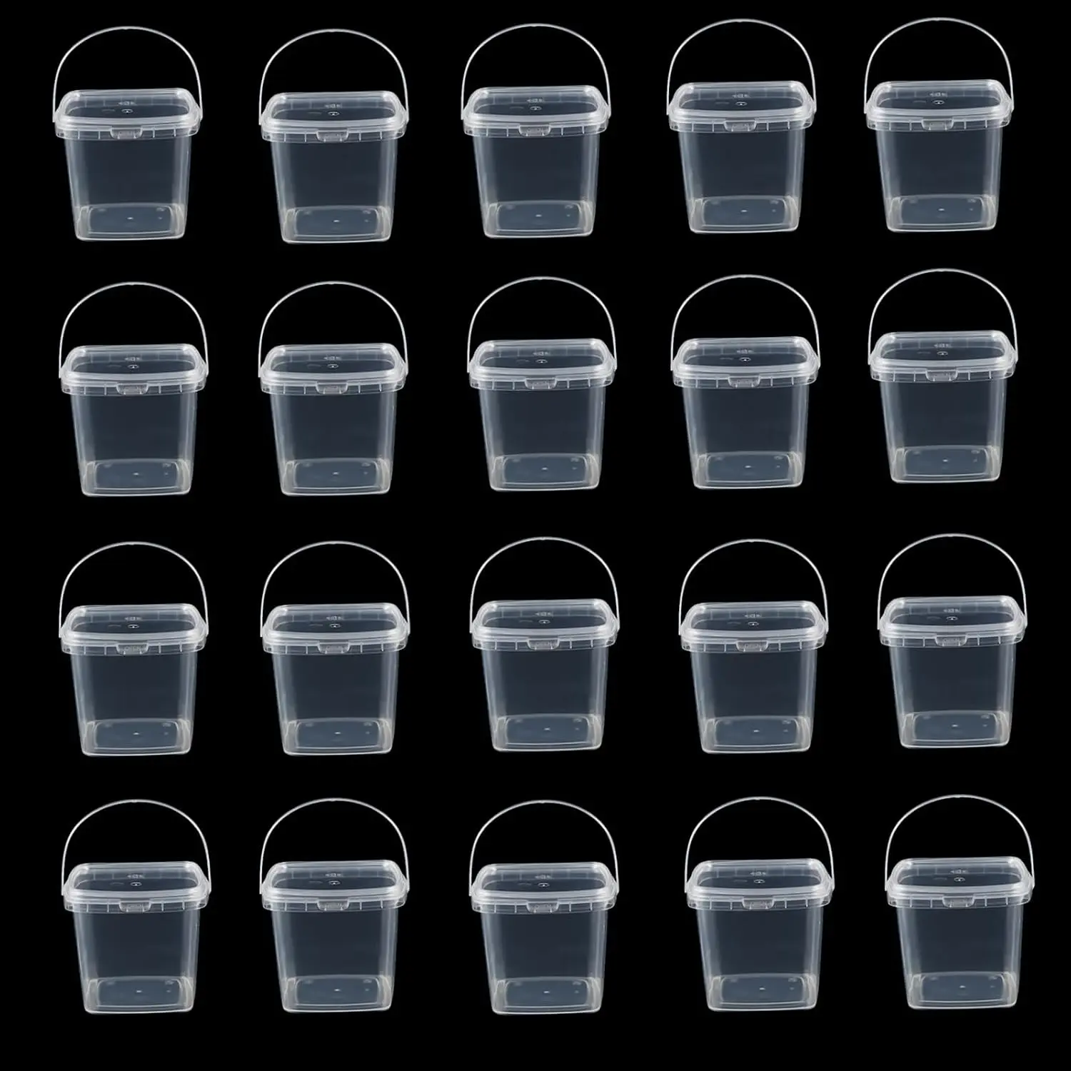 20PCS 10oz Slime Containers with Lids, Square Clear 280ml Plastic Jars with Handle, Ice Cream Buckets Food Storage Pail Tub for DIY Art Craft Tools Beach Parties