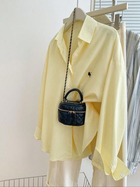 Women's Striped Embroidered Casual Shirt, Stylish Long Sleeve Button Front Top, Perfect for Daily Wear & Office, Clothes