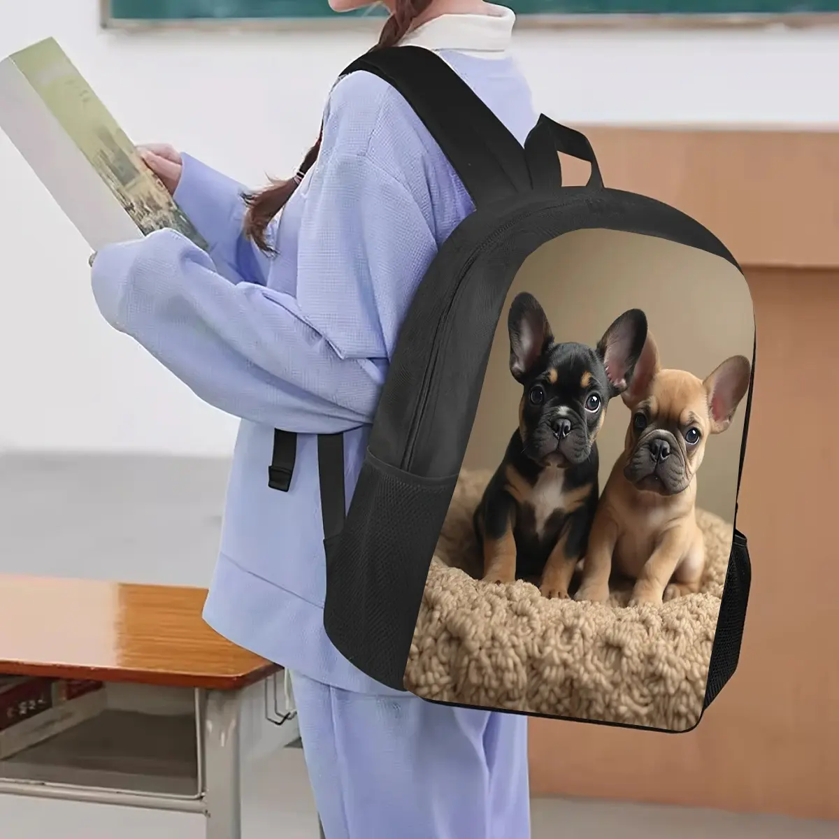 1pc French Bulldog Print Backpack - Large Capacity 17" Laptop Bag with Water Bottle Holder, Adjustable Straps, Lightweight Durable School Backpack for Commuting, Travel, Work - Unique Gift for Halloween, Father'S Day, Christmas, Thanksgiving, Backpack for