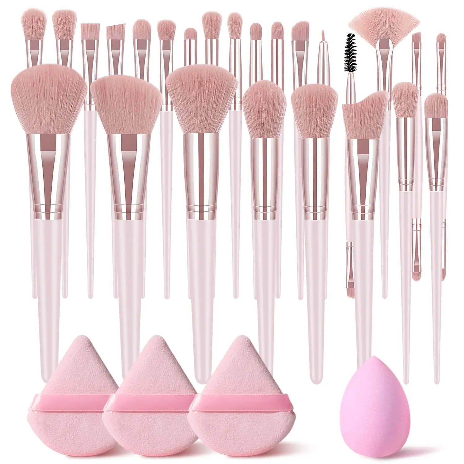 29Pcs Makeup Set, Cosmetic Brushes Set Includes 25 Makeup Brushes, 3 Triangular Puffs, 1 Makeup Sponge, Beauty Tools Powder, Blusher, Concealer, Eye Shadow Brushes, Travel Brush Daily Travel, Women & Christmas Gifts