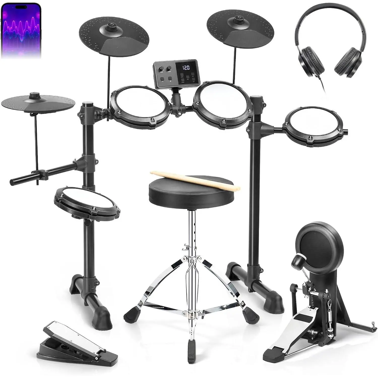 Ktaxon Electric Drum Set, Electronic Drum Set USB MIDI, Mesh Drums (Full) Dual-Layer Mesh Silent Drum, Type-C Charging, Premium Cymbals, Low-Noise Kick Pedal, Adjustable Throne, Headphones, Sticks