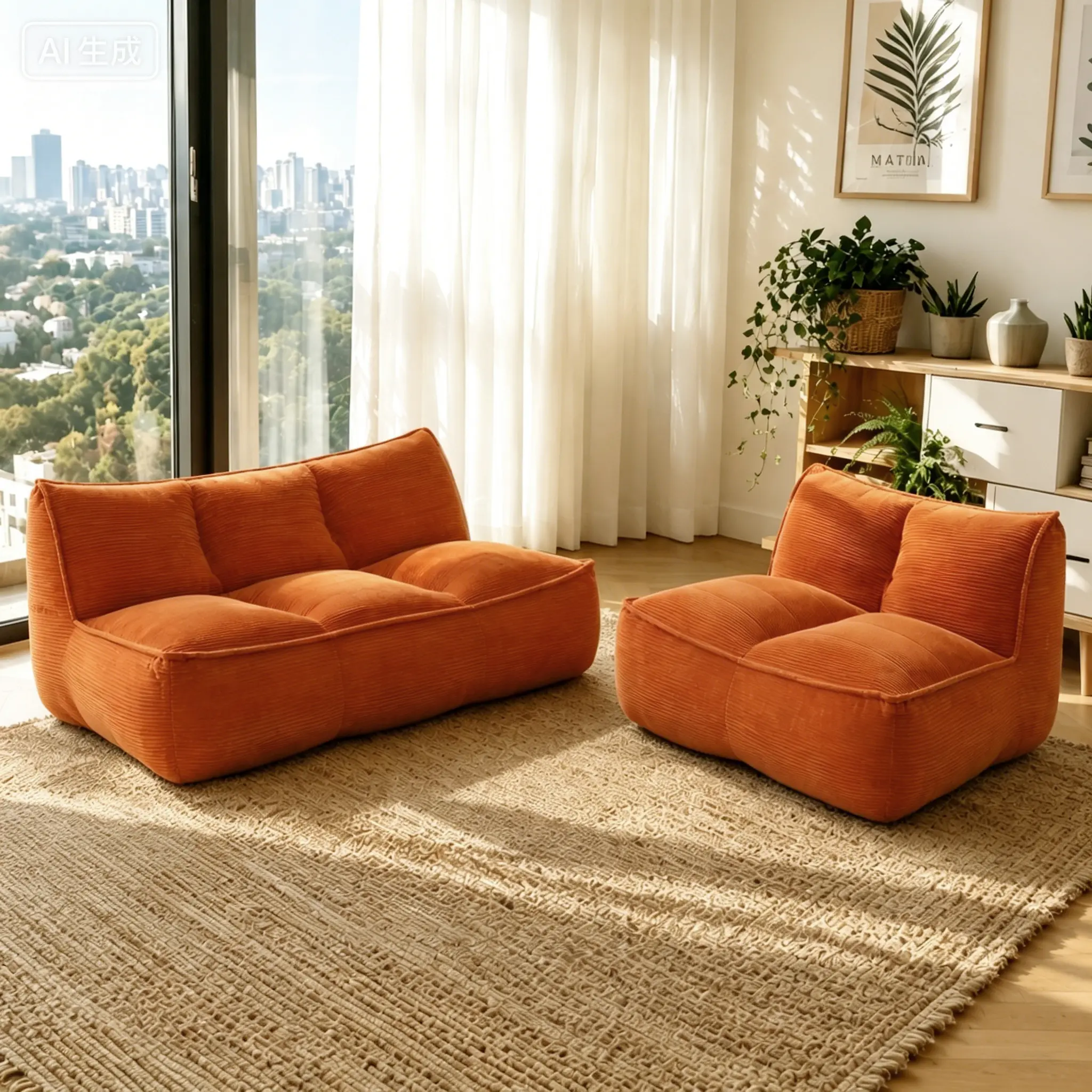 ARCH 141.5 Inch Modular Double Caterpillar Togo Beanbag Sofa Couch, Fine Corduroy Fabric, Cozy Fluffy Cloud Mini Couch for Living Room, Bedroom, Dorm, Orange, No Assembly, Ergonomic Back Neck Head Support, Comfy Chaise Lounger, Orange Color Options