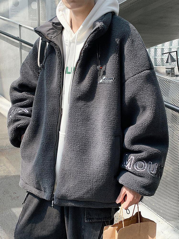 Men's lambskin stand collar embroidered warm jacket Large size loose casual fleece cotton jacket American street style letter embroidery fleece jacket