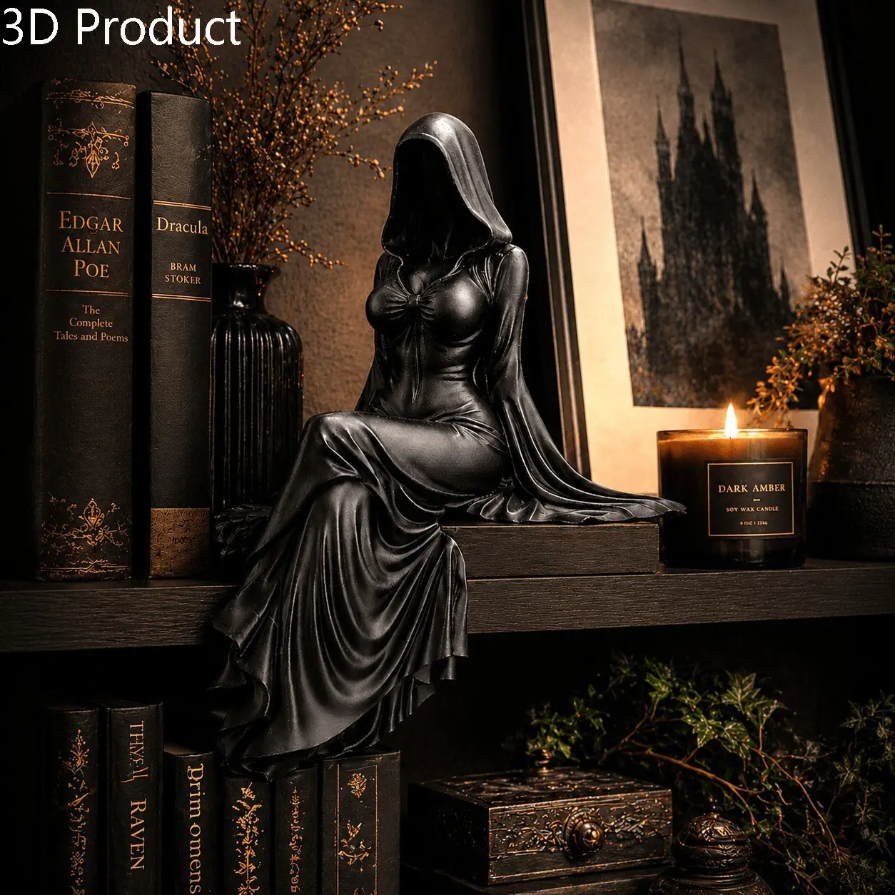 Gothic Lady Reaper Figurine, Statue Figurines, Dark Academia Bookshelf Decor, Mysterious Accent, Gothic Hooded Woman Statue, Witchy Spooky Accent for Alt Aesthetic, Decorative Statues, Dark Figure Decor