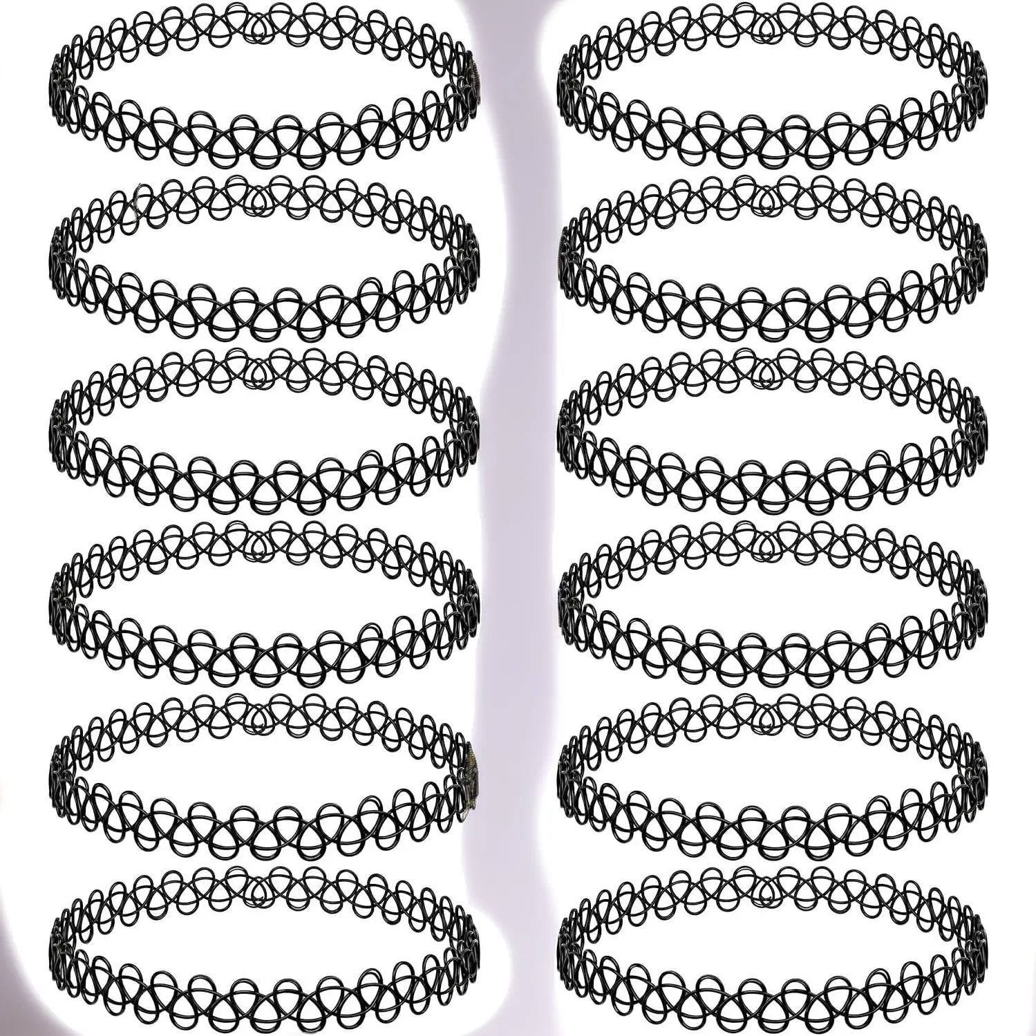 12 Piece 90s Tattoo Choker Set Black Stretchy Elastic Necklaces Y2K Vintage Trendy Fashion Jewelry Adjustable Retro Gothic Grunge Aesthetic Accessories for Women