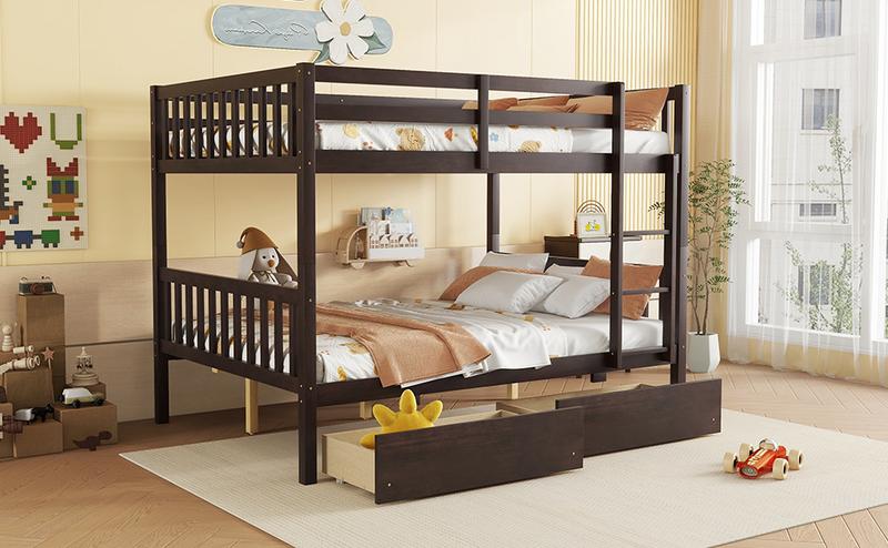 full Over full Rubber Wood Bunk Bed with 2 Drawers, Convertible into 2 full Beds, full Size Bunk Bed with Ladder and Safety Guardrails ,Espresso