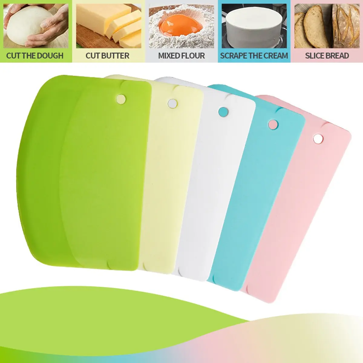 5 Piece Dough Scraper Set, Colorful Plastic Handheld Cake Spatula, Bowl Smoother, Kitchen Baking Tools for Bread, Pastries, Pizza