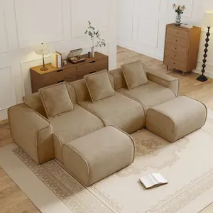 ARCH Modular 3 Seat U Shape Sectional Boneless Sofa with French Edge Piping, No Assembly Required, 3-Seat Couch with Throw Pillows and 2 Movable Ottomans, Velvet Fabric Brown for Living Room, Living Room Furniture for Apartment, Lounge