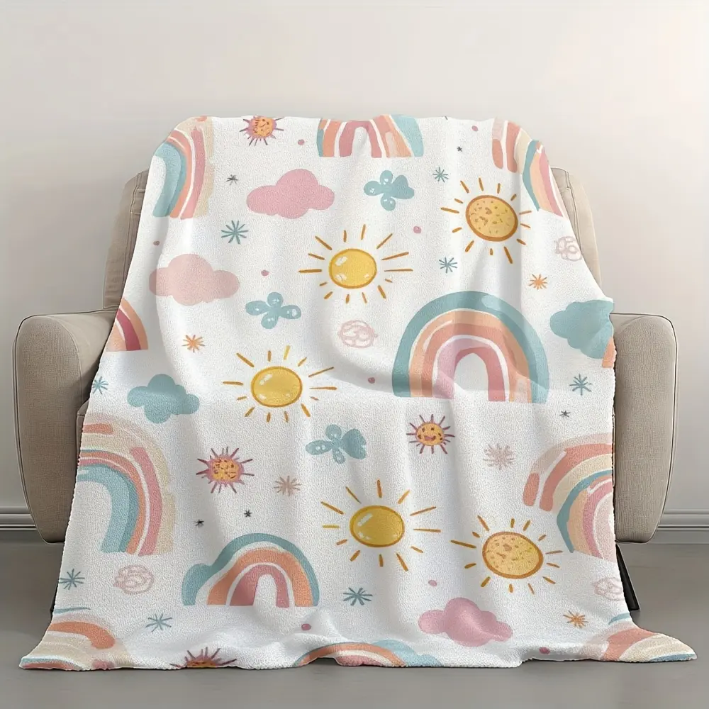Pastel Rainbow Flannel Fleece Blanket, Cute Sun Cloud & Rainbow Throw Blanket, Soft Cozy Lightweight Blanket for Kids Girls Bedroom, Sofa Couch Bed, Nursery Decor Gift