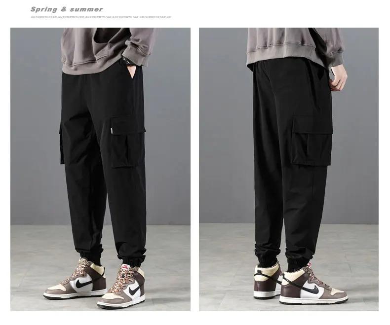 Casual work pants men's spring and autumn Japanese style Hong Kong style straight leg men's pants with multiple pockets, trendy black men's fashion brand ins loose paratrooper casual pants, thick American logging ankle pants