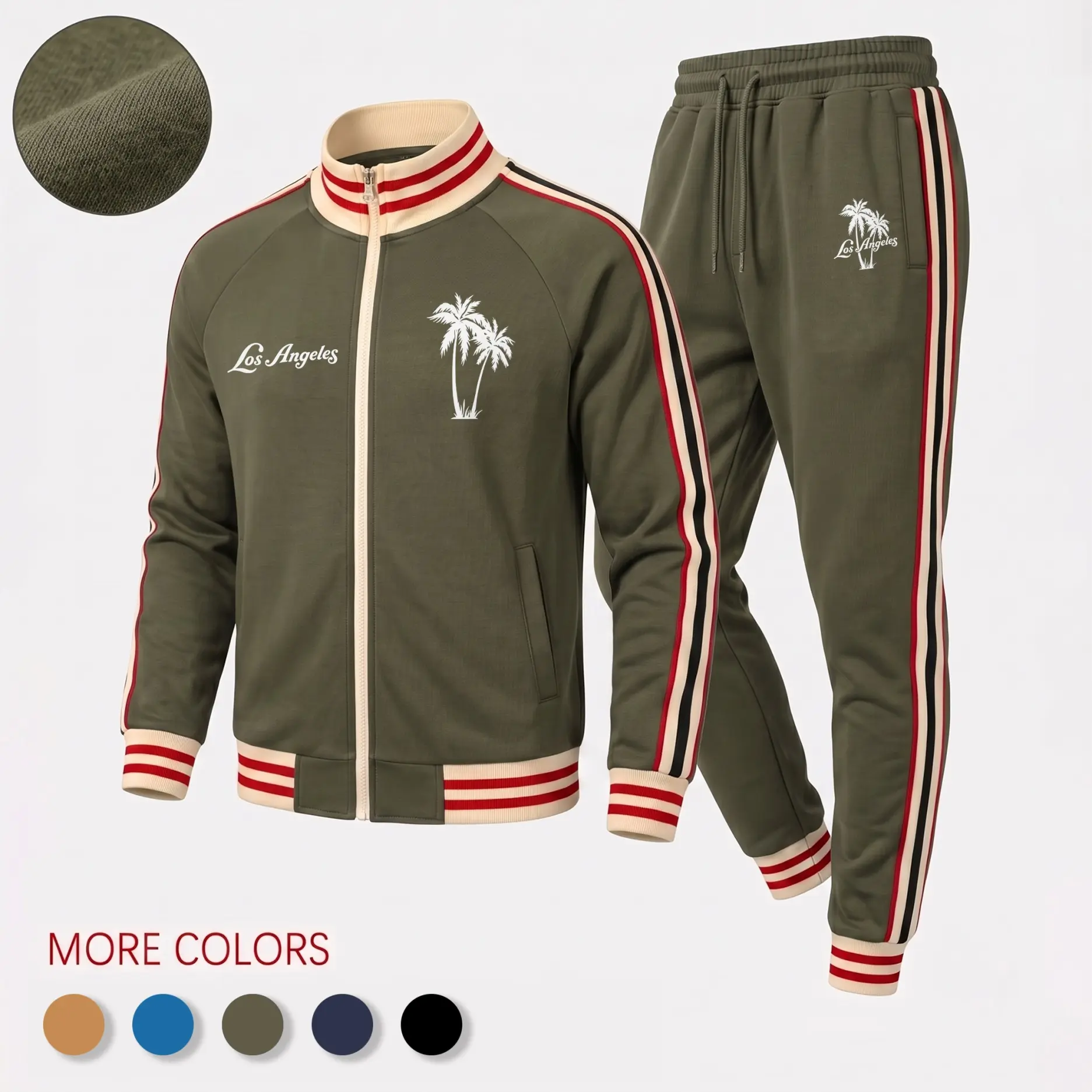 Men’s Los Angeles Palm Tree Graphic Tracksuit Set, Retro Stripe Zip Stand Collar Jacket and Drawstring Jogger Pants, Casual Athletic Two-Piece Outfit for Streetwear, Travel, Workout and Daily Wear