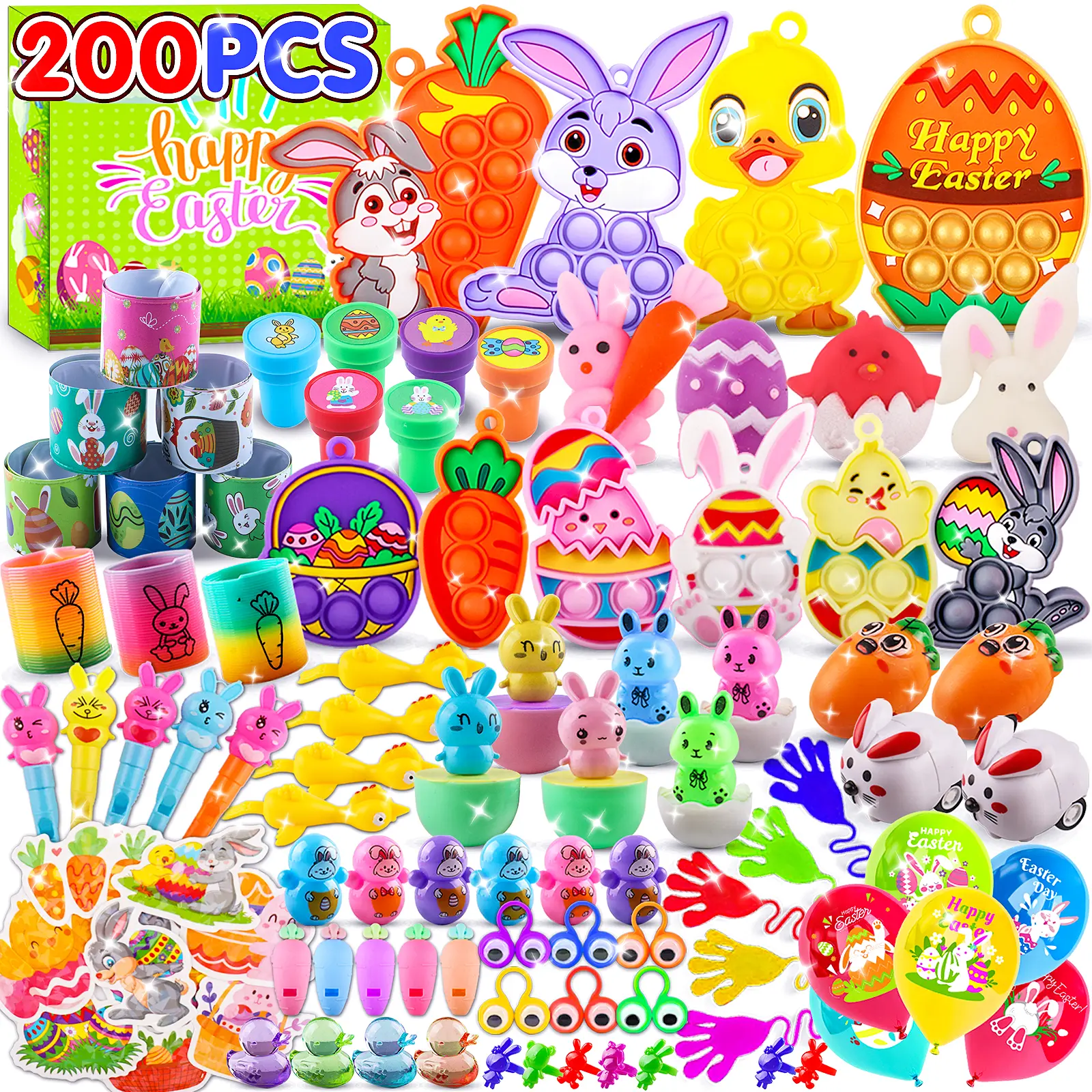 200PCS Easter Basket Stuffers for Kids,Easter Eggs Fillers(No Eggs),Easter Party Favors for Kids,Treasure Box Toys,Classroom Prizes