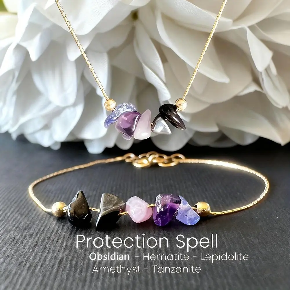 Women's 2-Piece Non-Natural Crystal Jewelry Set Pair - Casual Wear Mixed Gemstone Chip Necklace, Obsidian and Tanzanite Bracelet