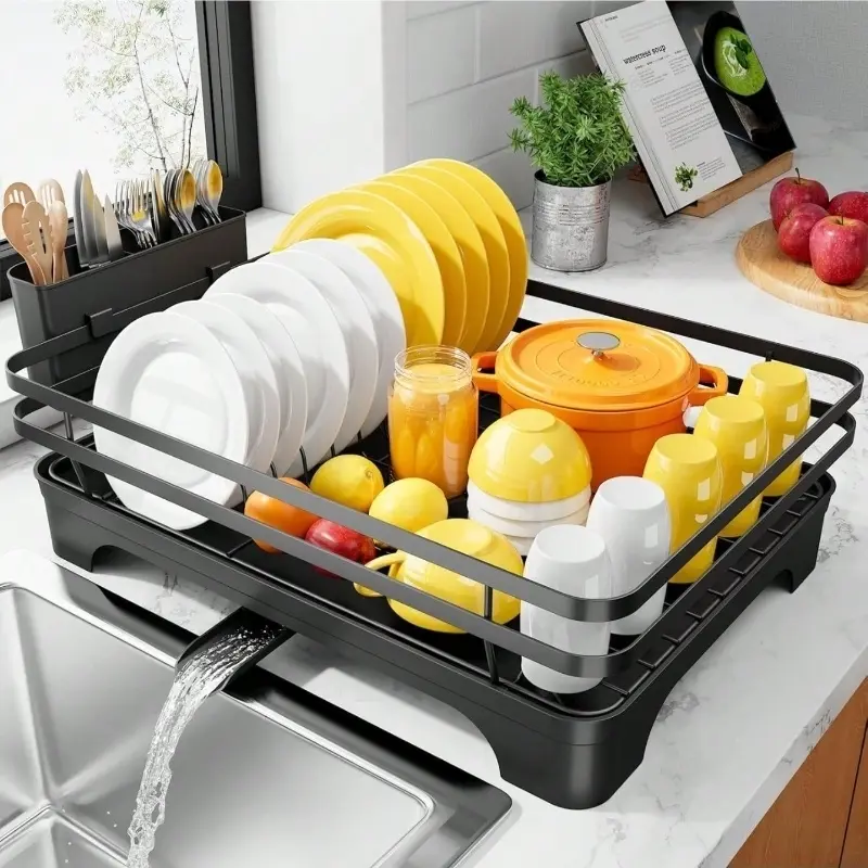 Kitsure Dish Drying Rack - Multi-Functional Countertop Dish Rack for Kitchen Counter with Cutlery Holder, Rust-Proof Storage Solution with Rotatable