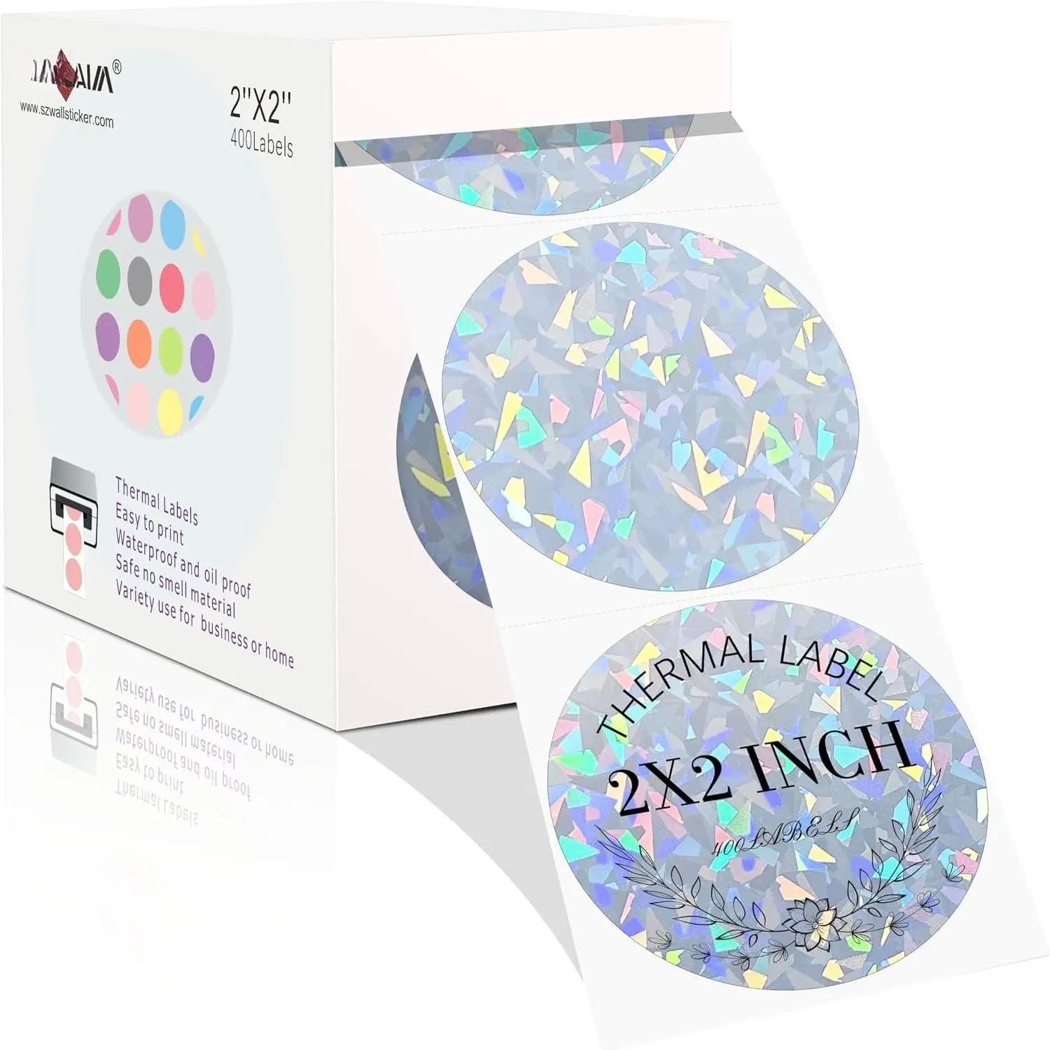 2”Thermal Label Stickers,Holographic Sliver Circle Thermal Labels, Self Adhesive Direct Round Thermal Sticker Label for Name Tag DIY Custom Business- 400 Labels/Roll (Holographic Sliver 2)