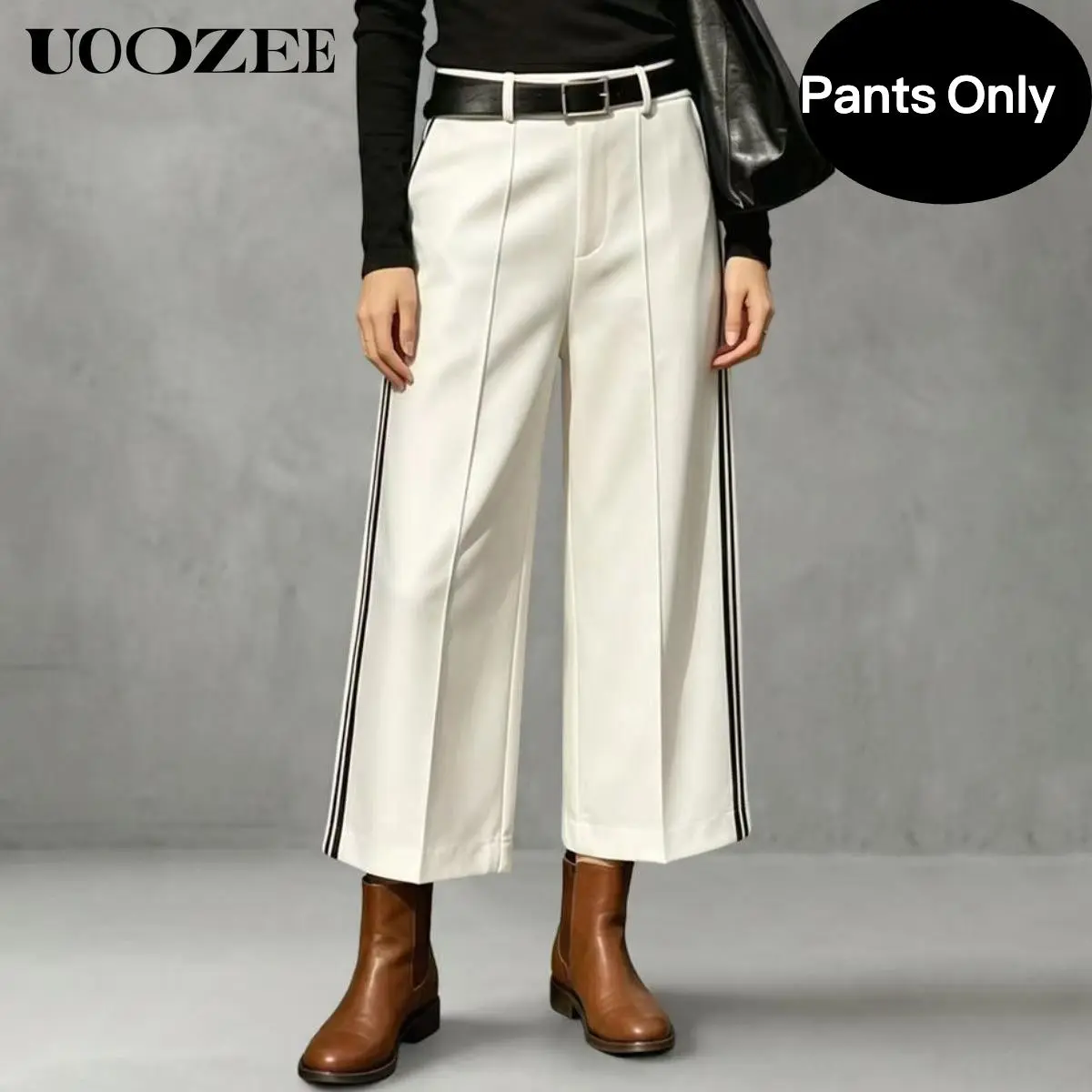UOOZEE Women's Silky Chic Minimalist High-Waist Wide-Leg Pants - Solid/Striped Basics, Lightweight Wrinkle-Resistant Polyester Cropped Ankle-Length Bottoms with Pockets, Contrast Side Stripe for Casual-Office Wear
