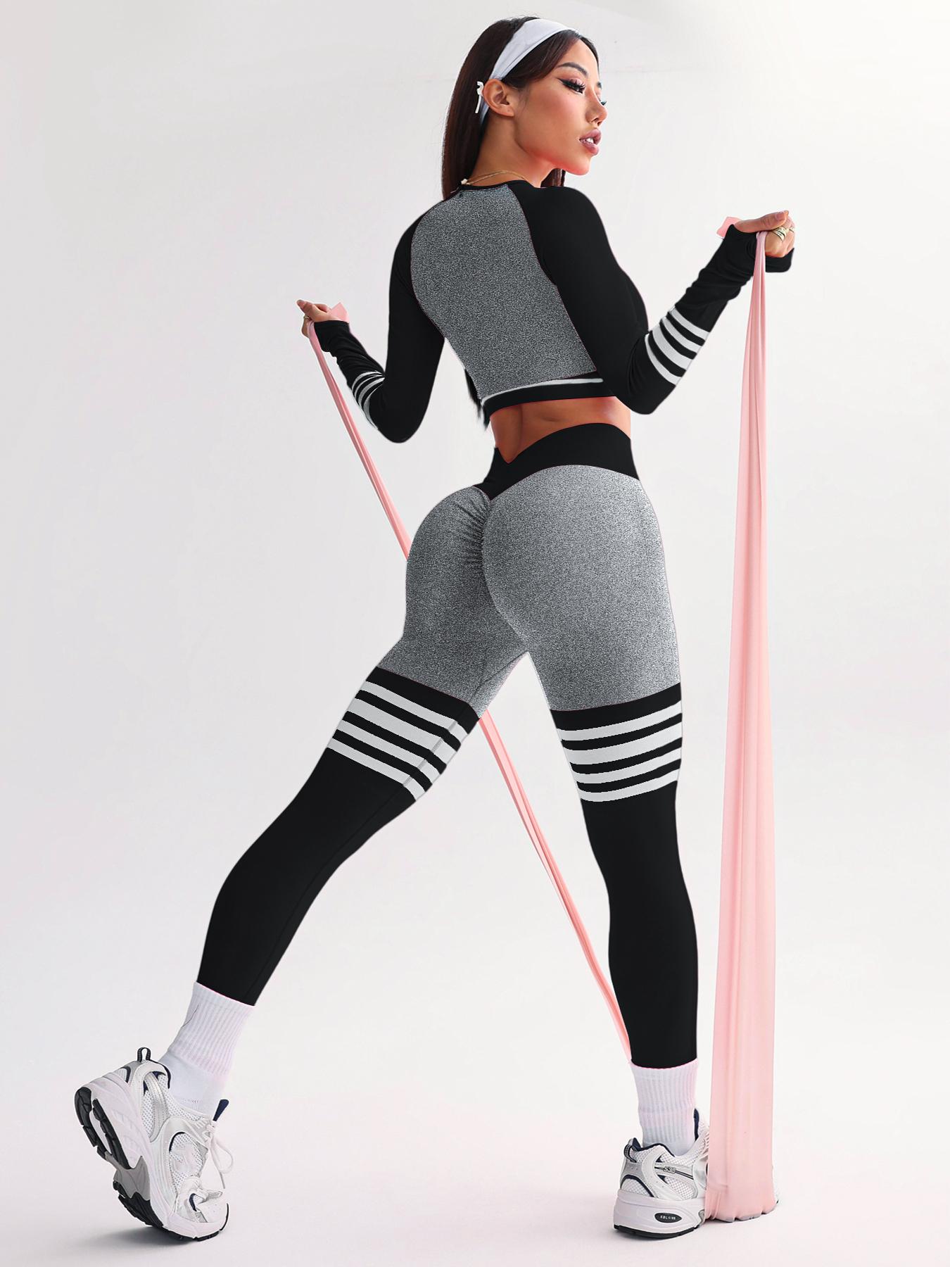 Women's Striped Print Sports Bra & Leggings & Crop Top Tracksuit Set, Sporty Breathable Comfy Outfits for Yoga Gym Workout Running, Ladies Sportswear for All Seasons, Athletic Activewear Tracksuits, Workout Running Clothes