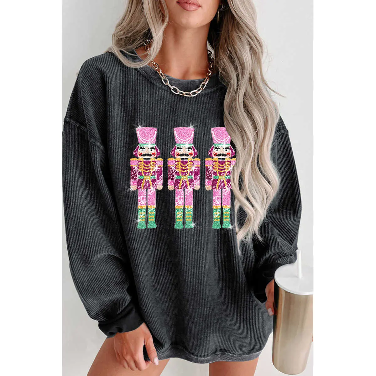 Ladies' Fashion Casual Baggy Graphic Black Christmas Sequined Nutcrackers Mineral Wash Corded Sweatshirt