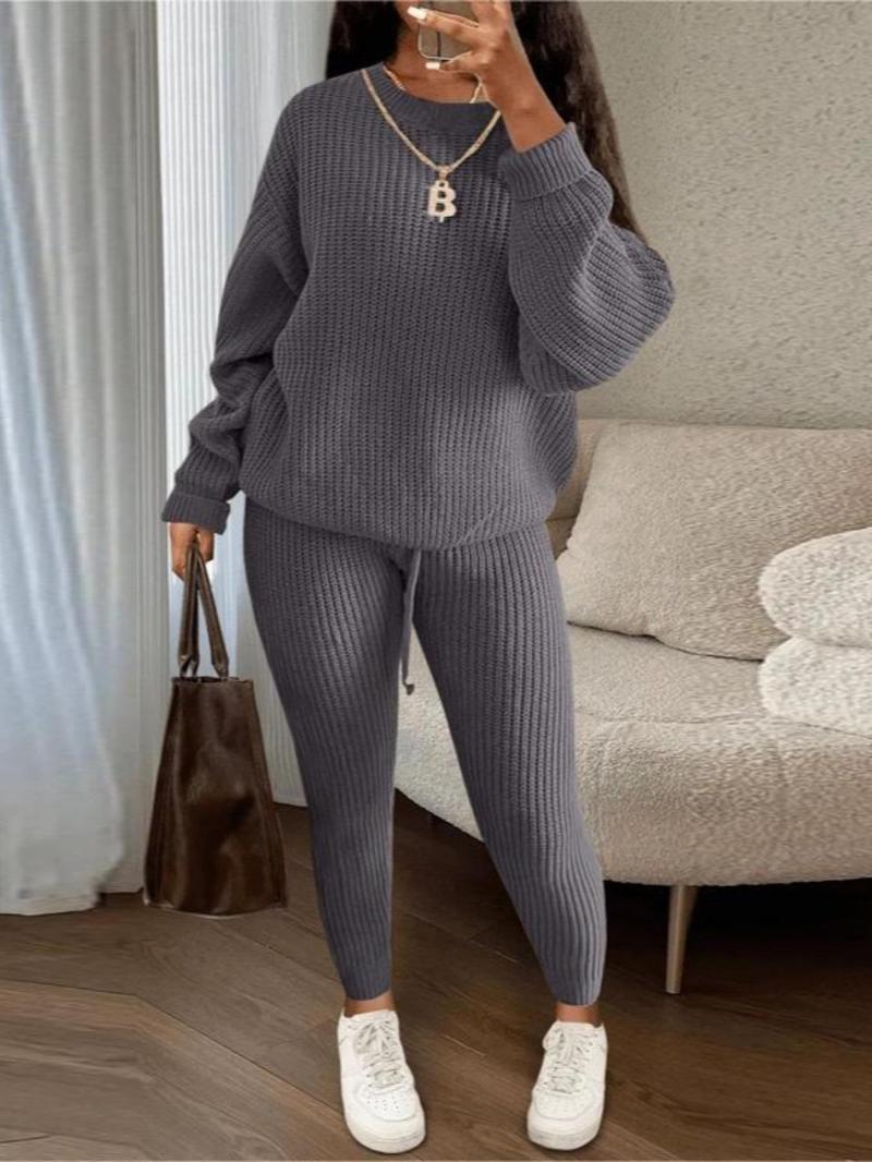 Women's Solid Drop Shoulder Sweater & Drawstring Waist Pants Knit Set, Casual Cozy Knitwear for Daily Outdoor Wear, Ladies Fall & Winter Outfits, Women's 2 Pcs Sweater Set