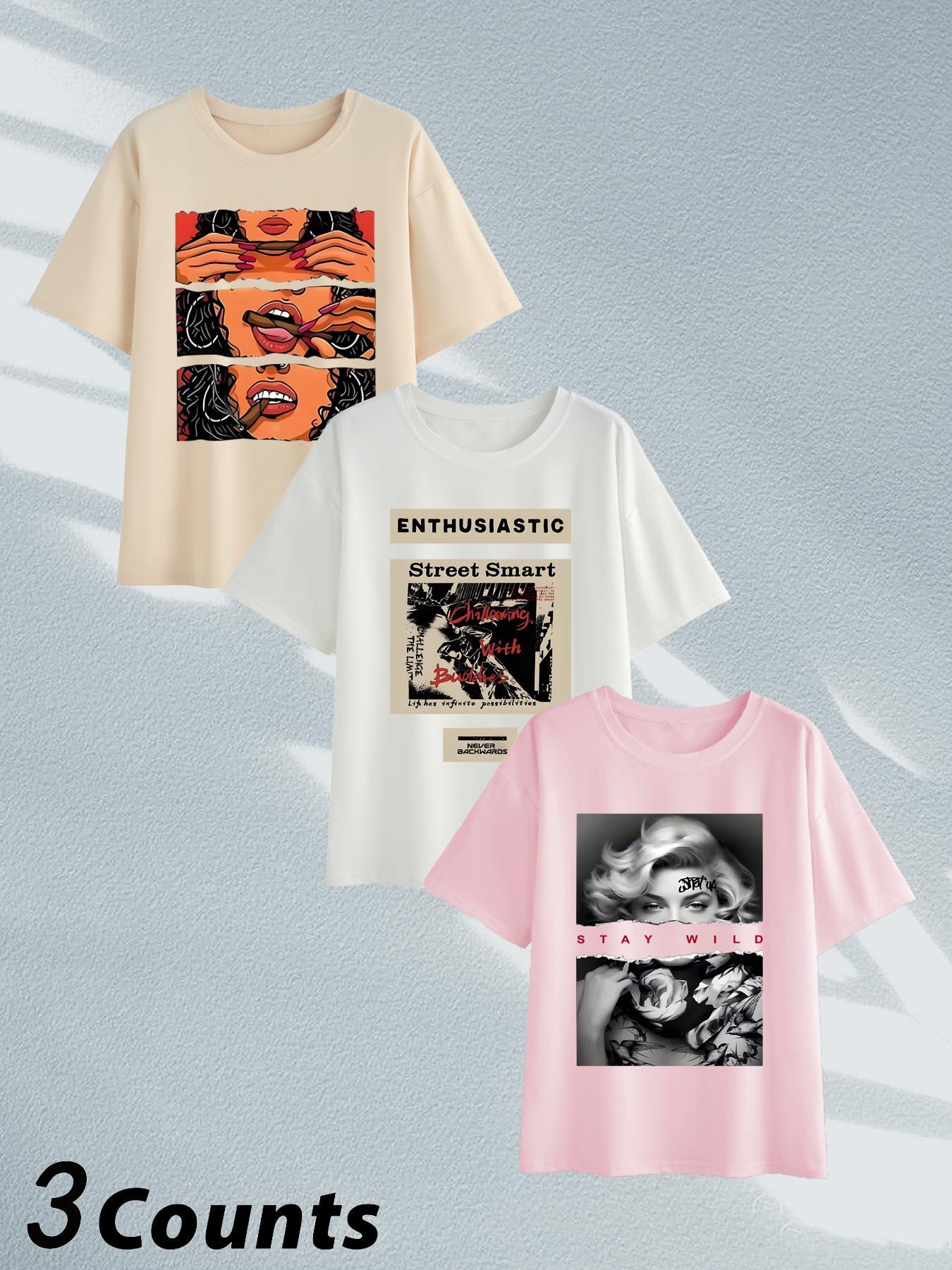 Women's Letter & Figure Print Round Neck Tee, Casual Short Sleeve Crew Neck T-shirt for Summer, Trendy T-shirts, Streetwear, Fashion Women's Top for Daily Wear, Clothing