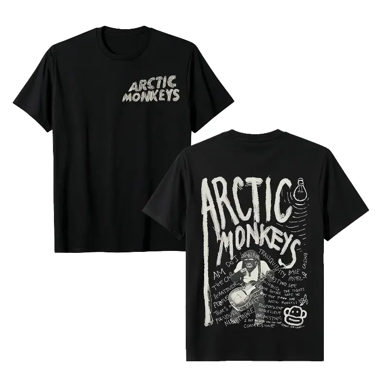 Men’s Arctic Monkeys Vintage Band Cotton T-Shirt - Double-Sided Graffiti Rock Music Graphic, Short-Sleeve Crew Neck Tee for Music Fans, Casual Menswear Top (Black)