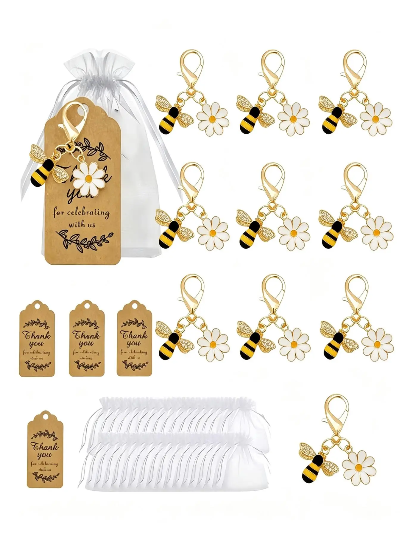 30pcs Cute Bee And Daisy Keychain Gift Set, Includes 10 Bee Keychains, 10 Organza Gift Bags, And 10 Thank You Cards. Perfect For Bridal Showers,Birthday Parties, Bachelorette Parties, Christmas Celebrations, Coming-of-Age Ceremony