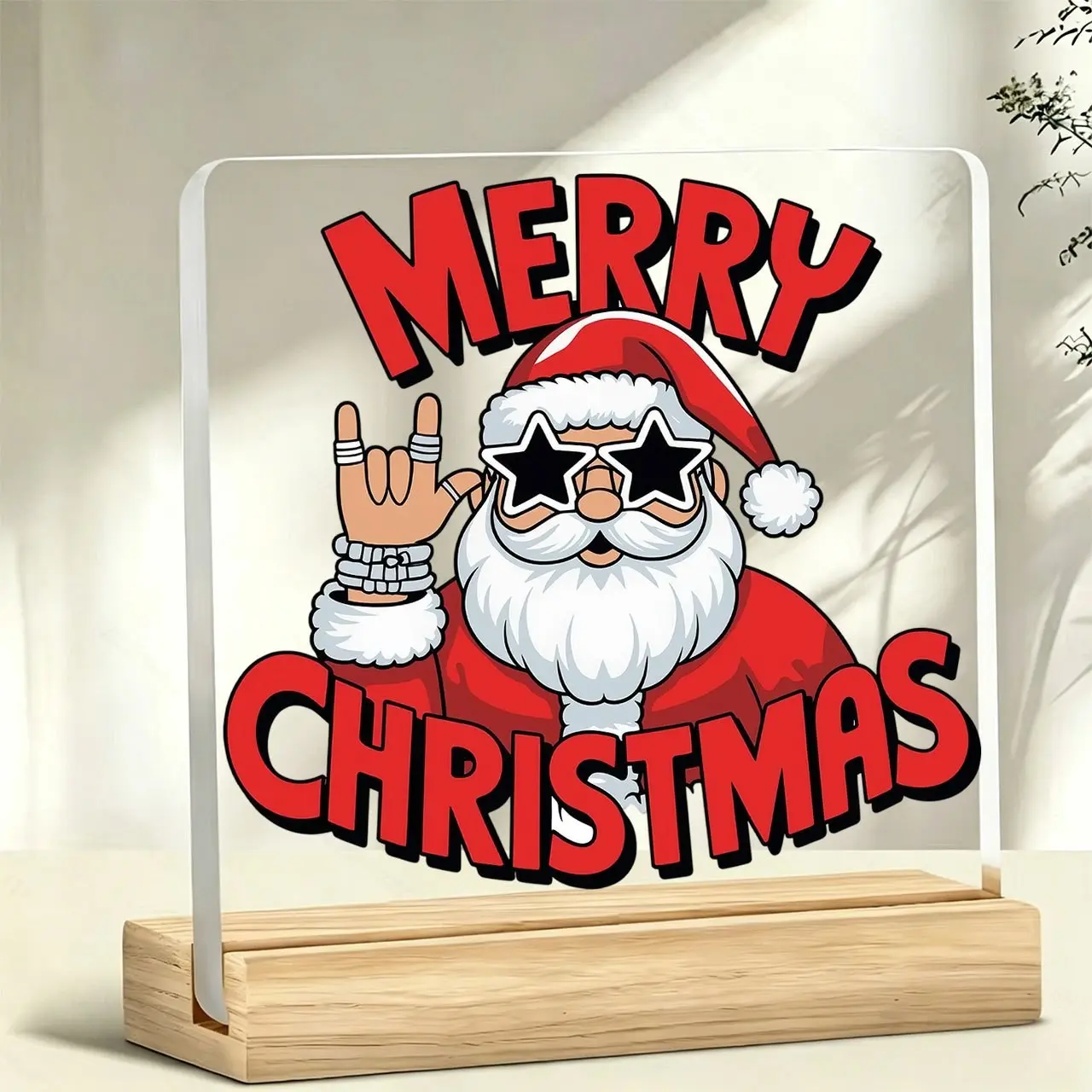 Rockstar Santa Acrylic Desktop Ornament, Fun Cool Christmas Holiday Desk Organizer, Home Decor Gift with Wooden Base