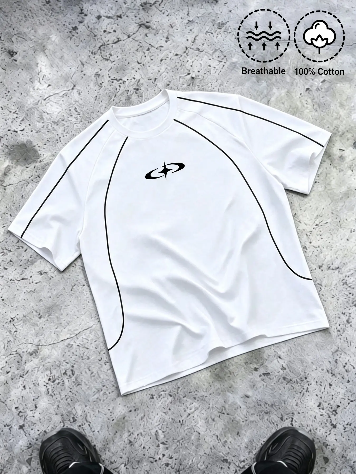 Y2K Sporty Cotton T-Shirt for Men, Colorblock Round Neck, Loose Fit, Abstract Print, Breathable Retro Streetwear, Activewear Clothes, Athletic Tee, Beach Travel Daily Wear, Breathable Workout Top, Athleisure Clothes