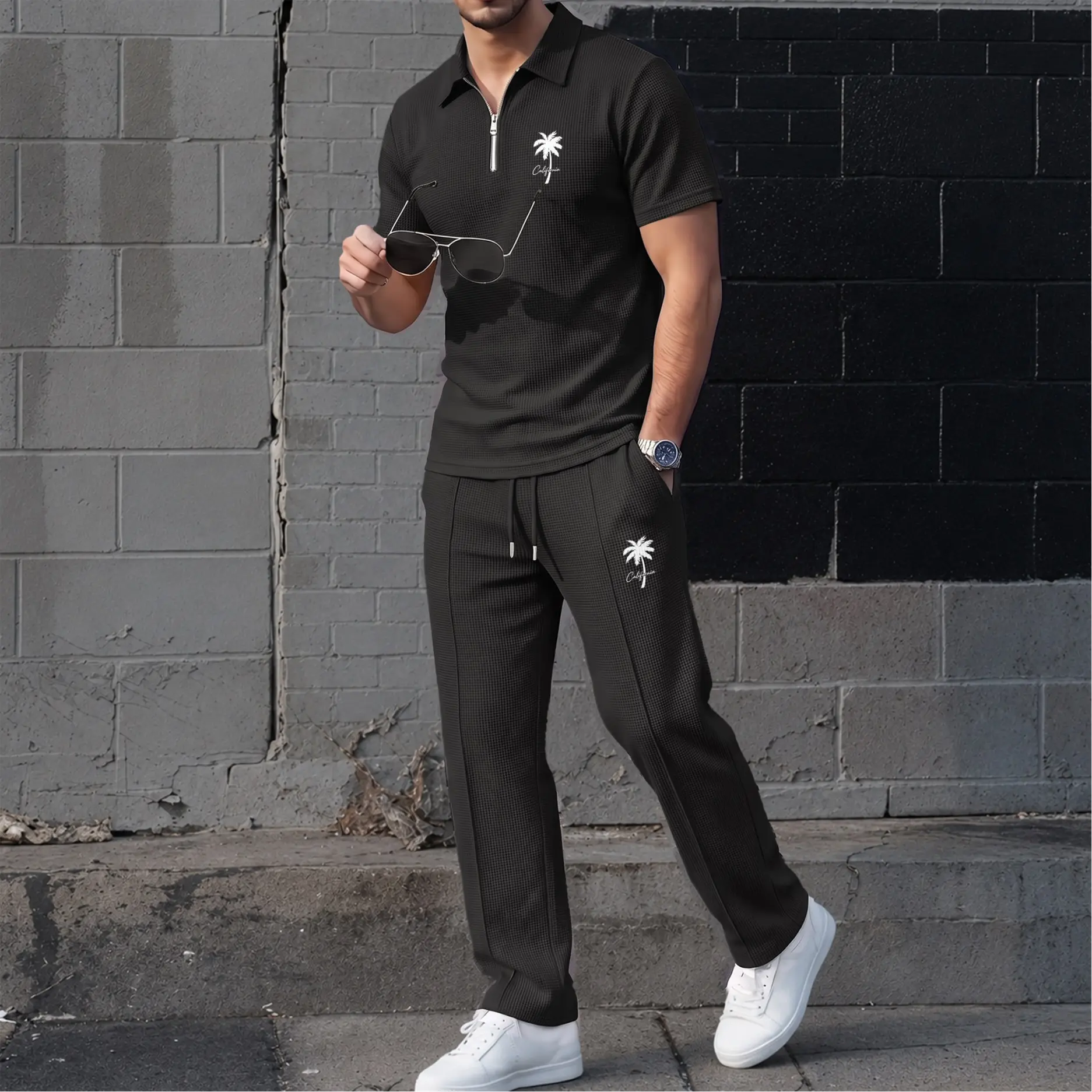 Men’s California Palm Tree Print Waffle Fabric Zip Collar Polo Shirt and Pants Set, Short Sleeve Polo Top with Matching Drawstring Trousers, Casual Two Piece Outfit