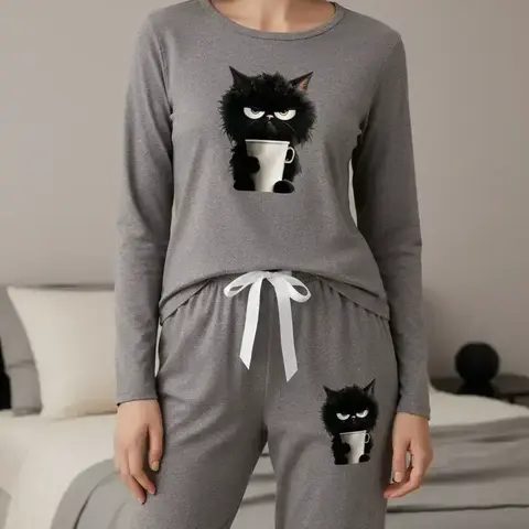Women's Long Sleeve Pajama Set, Cartoon Cat Print, Casual Fitted Sleepwear, Spring & Fall Nightgown, Animal Pattern, Glam Lounge Wear