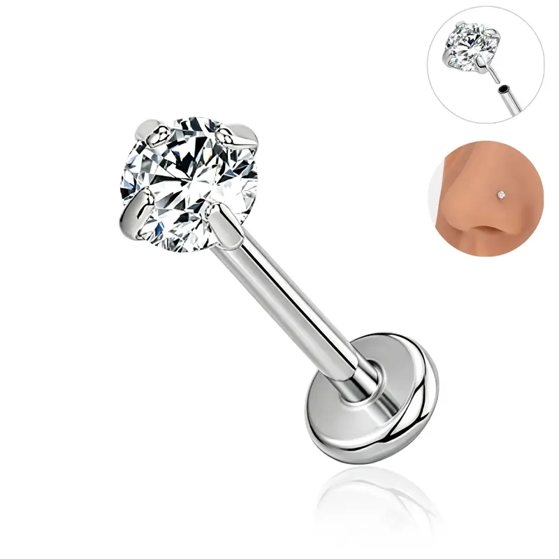 16G Titanium CZ Flat Back Hypoallergenic Female Body Jewelry - Geometric Nose Rings Studs, Everyday Wear for Tragus, Lobe, Lip Bar, Belly Cuff, Floating Navel Ring Valentine Gift