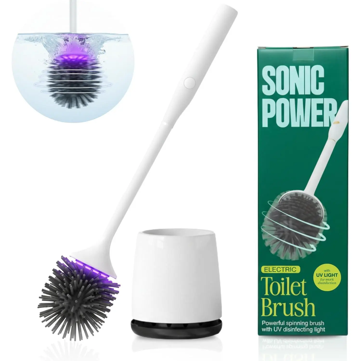 Electric Toilet Brush & Scrubber – Self Cleaning Silicone Toilet Bowl Brush with UVC Light, Rechargeable Wireless Spinning Toilet Brush & Holder Set, Wall Mount or Floor Standing (Pack of 1)