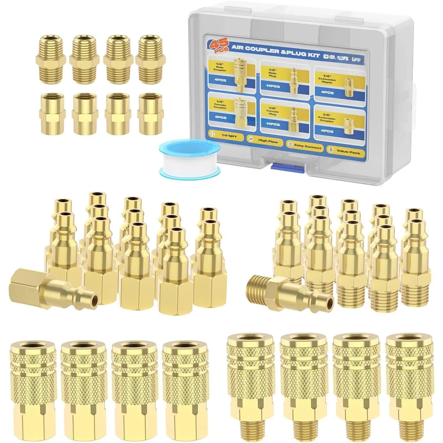 45 count Air Coupler & Plug Kit,  1/4" NPT Air Hose Fittings,Quick Connect Air Tool Fittings,Industrial Grade M/D Type Air Compressor Accessories