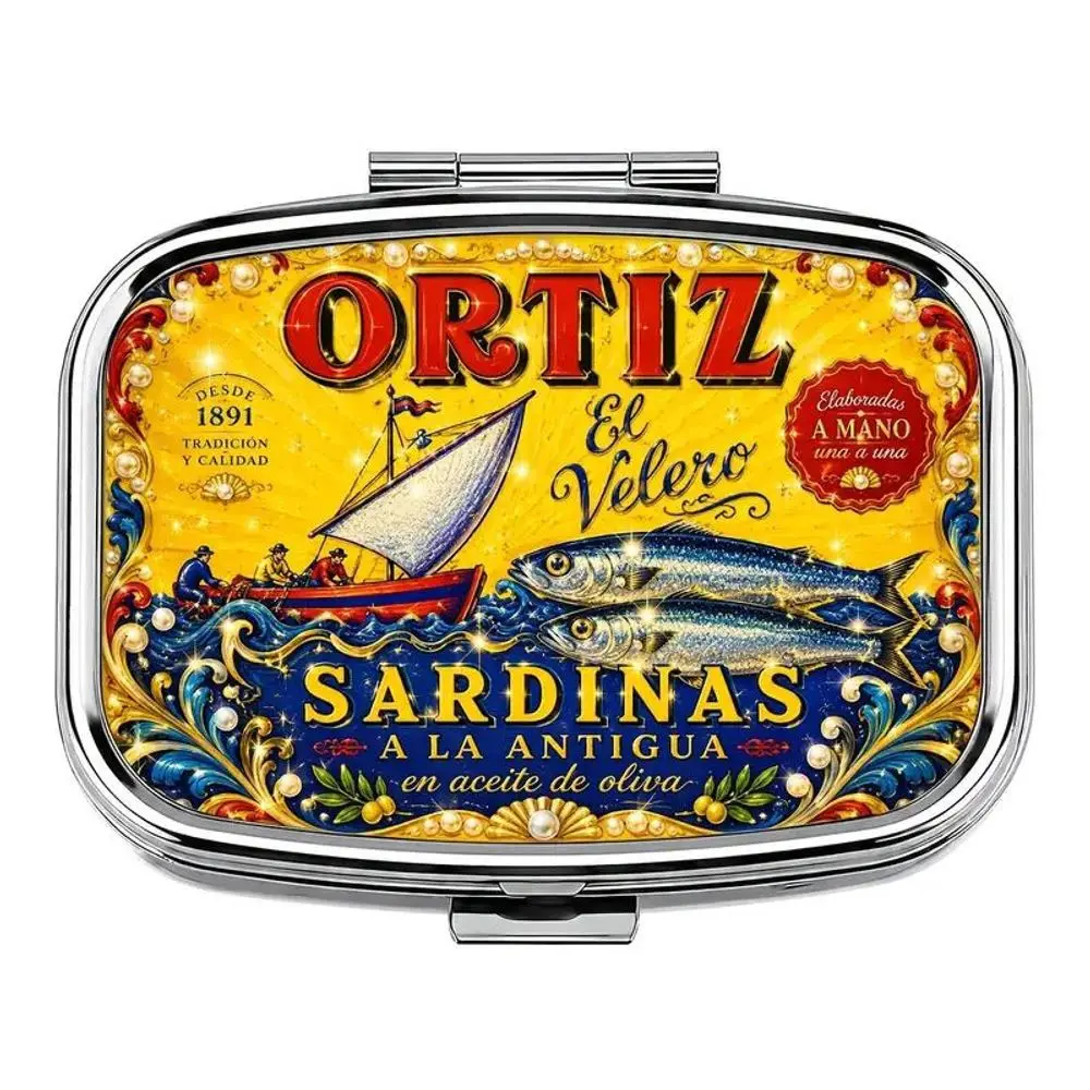 Spanish Vintage Sardine Label Pocket Square Medicine Box, Durable Metal Dual Compartment Storage, Ideal for Travel and Daily Use