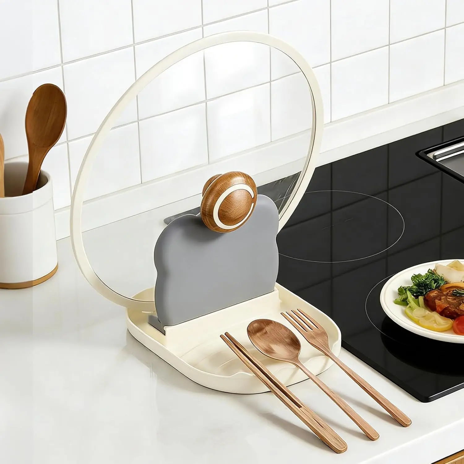 Spoon Rest with Pot Lid Holder, 2-in-1 Upright Kitchen Organizer for Stove Top & Counter, Heat-Resistant Utensil Rest for Spatulas, Ladles & ,  Kitchen Cooking Gadget