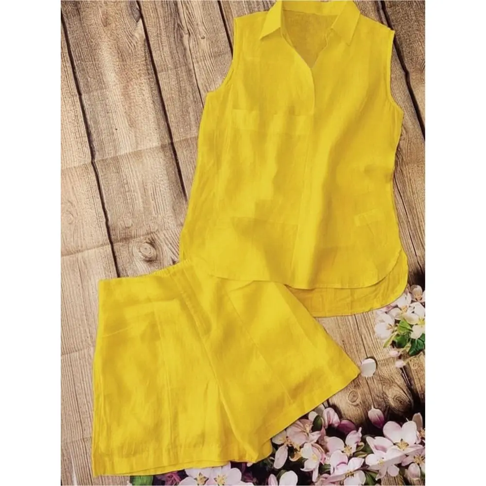 Casual Bright Yellow Pocket Detail Sleeveless Shirt + Relaxed Short 100 Cotton Matching Set