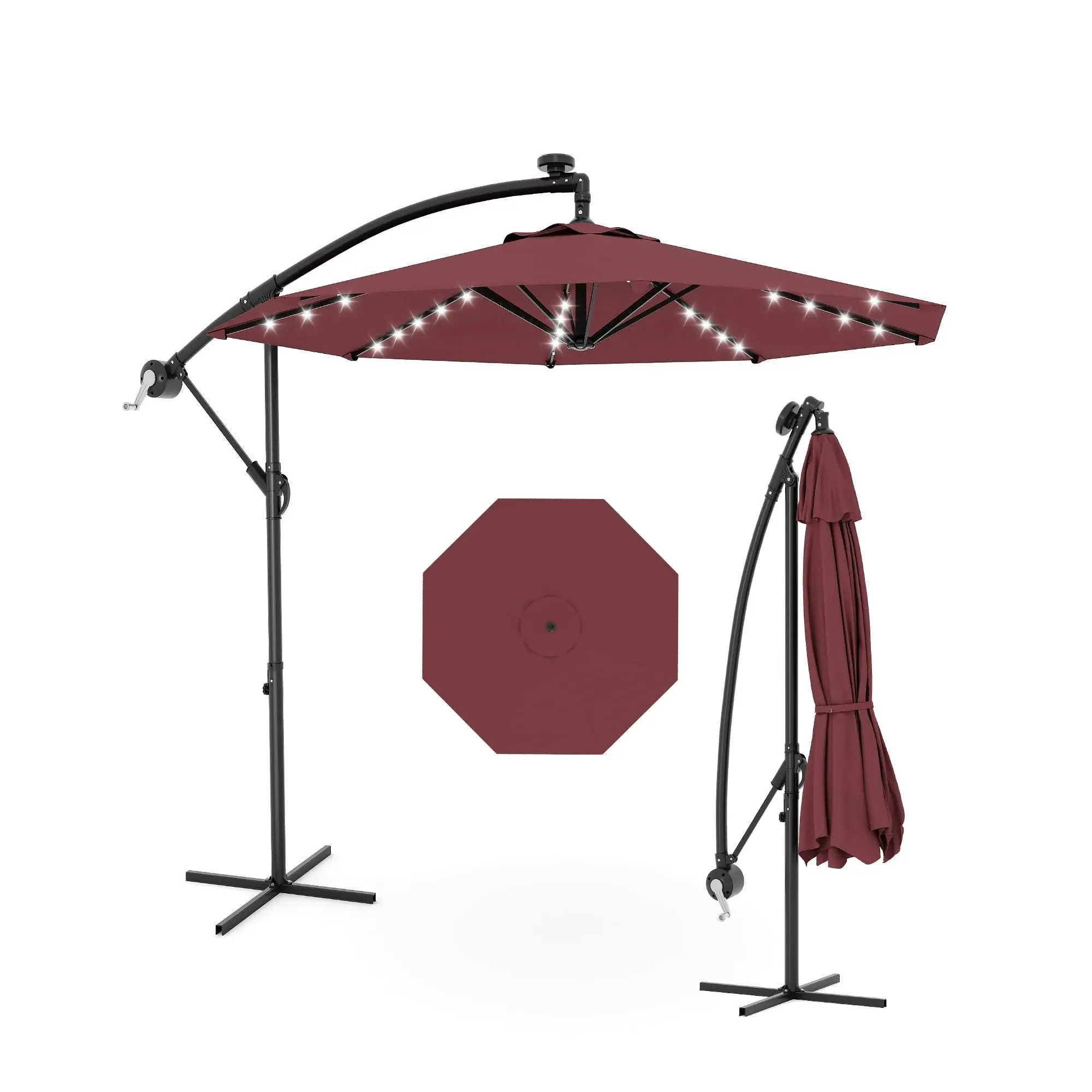 10FT Solar LED Cantilever Patio Umbrella, Offset Outdoor Market Parasol with 24 Solar Lights, Waterproof UV Fade Resistant Polyester Canopy, Button Tilt Rustproof Iron Frame 8 Ribs Wind Vent, Cross Base Included Heavy Duty Sun Shade