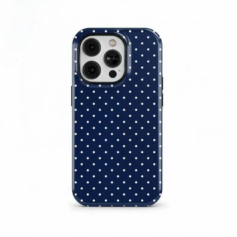 MagSafe Compatible Navy Blue Polka Dot Phone Case for iPhone 17,16,15,14,13,12,11 Pro Max - Strapless, Slip Resistant, PC+TPU Material, Lens Protected, Magnetic Fit