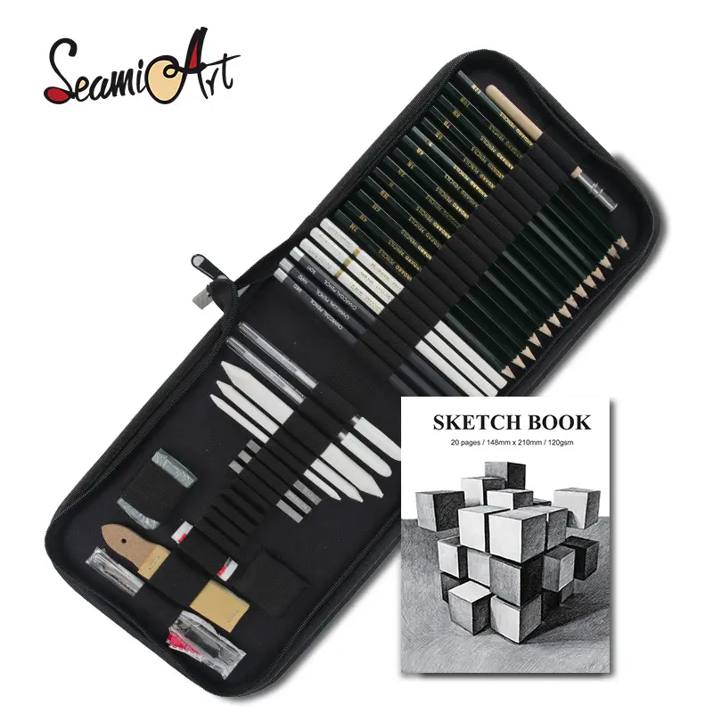 SeamiArt 36 Pcs Professional Sketching Drawing Set - Graphite & Charcoal Pencils, Charcoal Sticks, White Charcoal, Blending Stumps, Sketch Book, Kneadable Eraser - Art Supplies for Artists