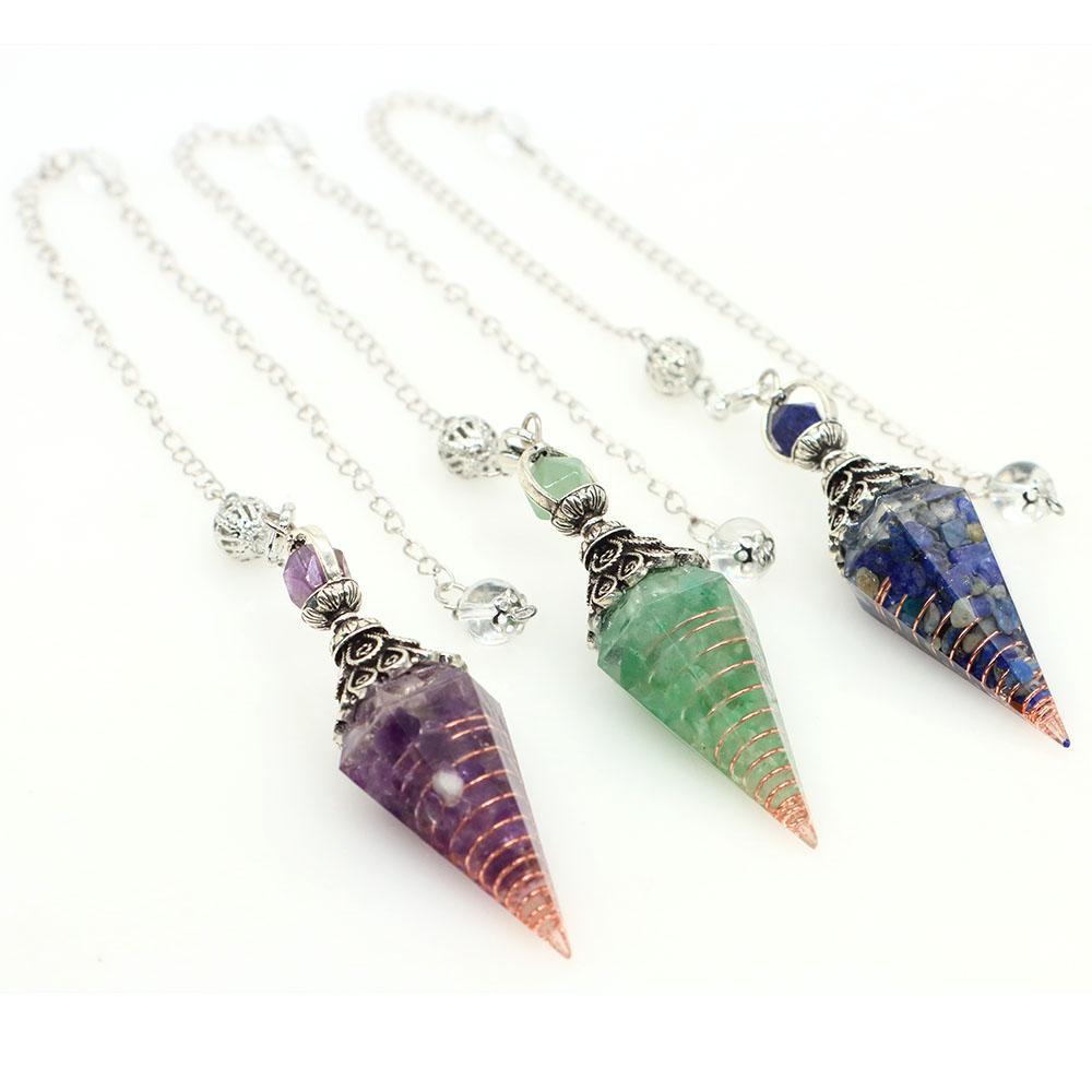 Natural Crystal Dowsing Pendulum Reiki Stone Chips Orgone Pendulums Hexagonal Pointed Reisin Spiritual Pendulo for Divination