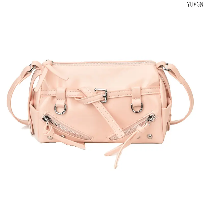 Sweet Cool Mini Cylinder Crossbody Bag for Women, Multi Zipper Rivet Decor Casual Shoulder Bag, Y2K Fashion Handbag for Shopping, Dating, Travel, Commute and Daily Use