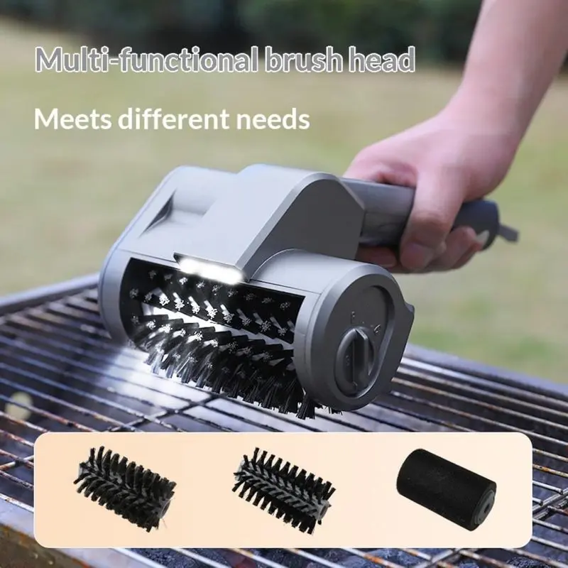 Electric brush designed specifically for outdoor grilling; USB-rechargeable grill cleaner featuring 3 speed settings and 3 brush heads; waterproof and heat-resistant; 150-minute battery life; a cleaning tool designed specifically for grills