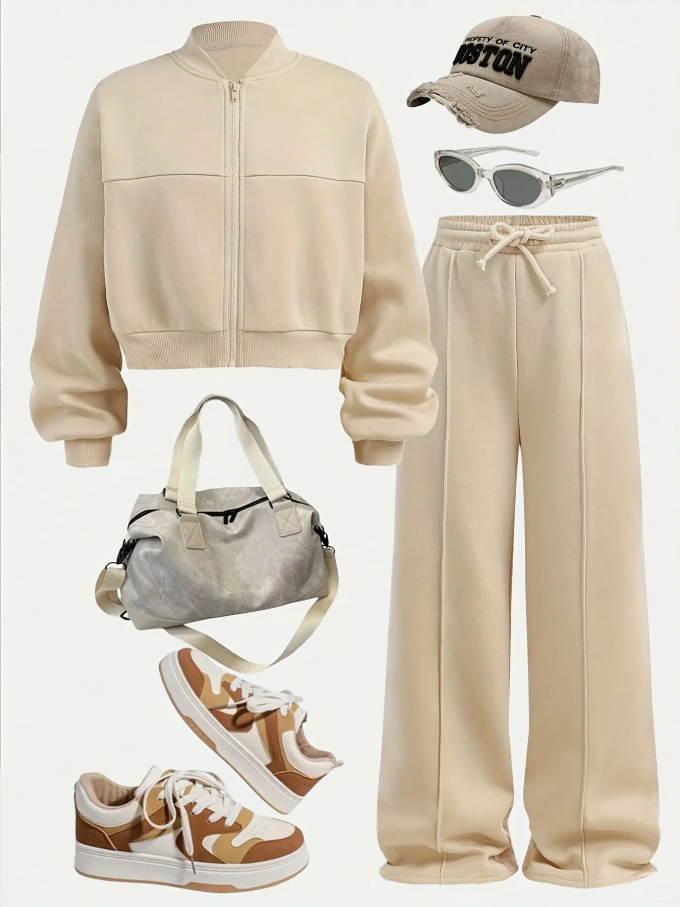 2-Piece Girls Tracksuit, Zip Up Cropped Jacket & Drawstring Wide Leg Sweatpants, Soft Casual Fit Clothes for Daily & Play Wear